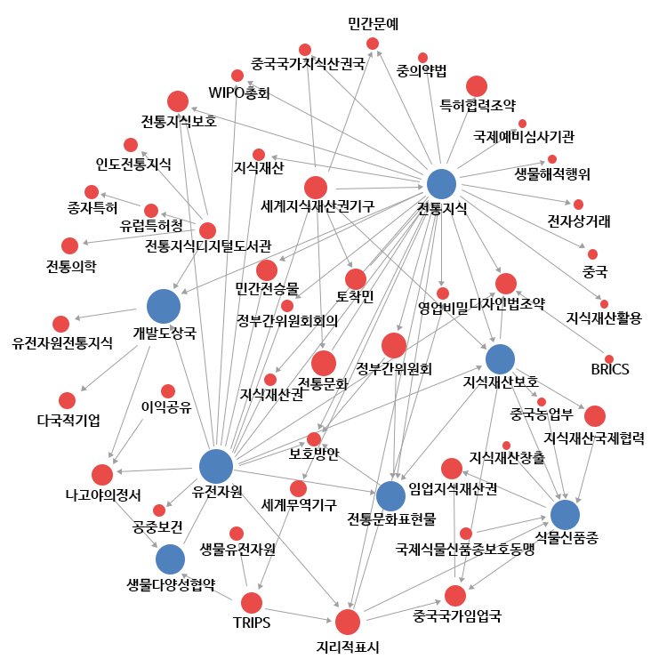 네트워크 분석 결과 유전자원을 중심으로 개발도상국, 경제심사, TRIPS, 의약품접근성, 제네릭의약품, 공중보건 등의 연관 이슈들이 다음과 같은 네트워크 분석 결과로 도출