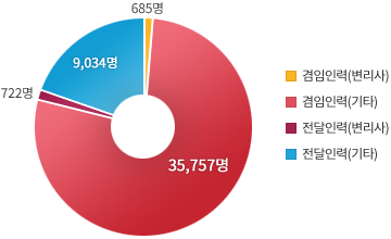 겸임인력 변리사 685명, 기타 35,757명. 전단인력 변리사722명, 기타 9,034명