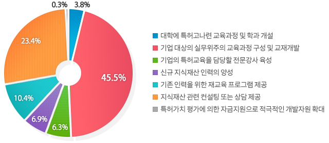 지식재산 관련 컨설팅 또는 상담 제공 (23.4%)과 기존 인력을 위한 재교육 프로그램 제공 (10.4%)의 순으로 정책 수요가 높았다.