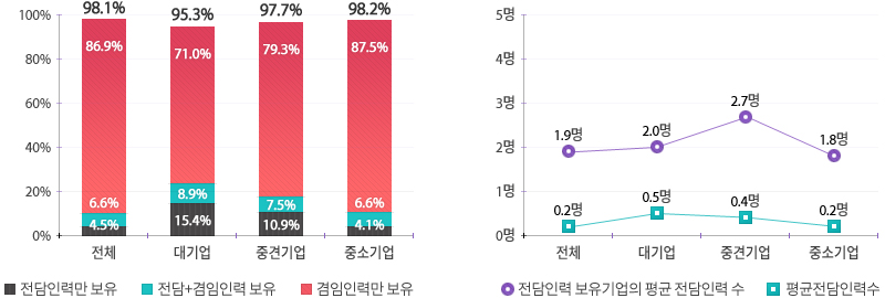 전체에서 전담인력만 보유 4.5%, 전담+겸임인력 보유 6.6%, 겸임인력만 보유 86.9%