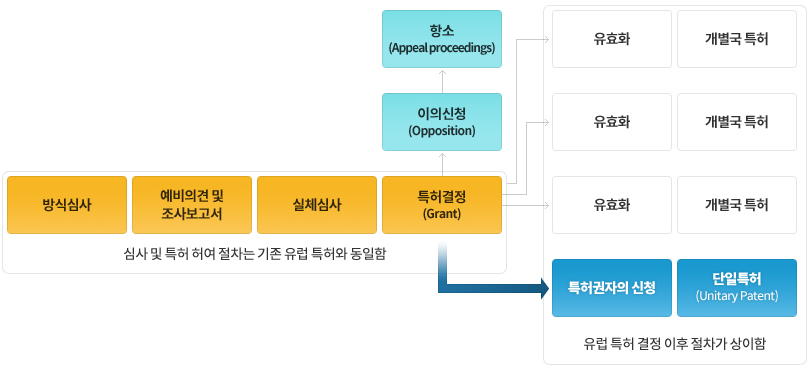 심사 및 특허 허여 절차는 기존 유럽 특허와 동일함. 유럽 특허 결정 이후 절차가 상이함.